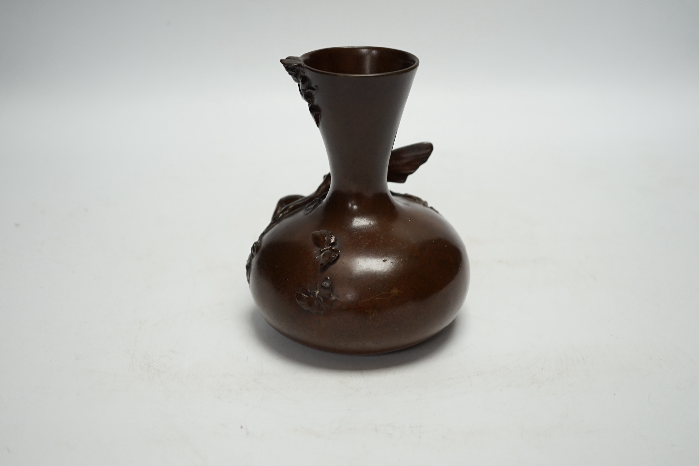 A Barbedienne bronze vase after L. Barrias with applied fairies, butterflies and cherub, 14cm